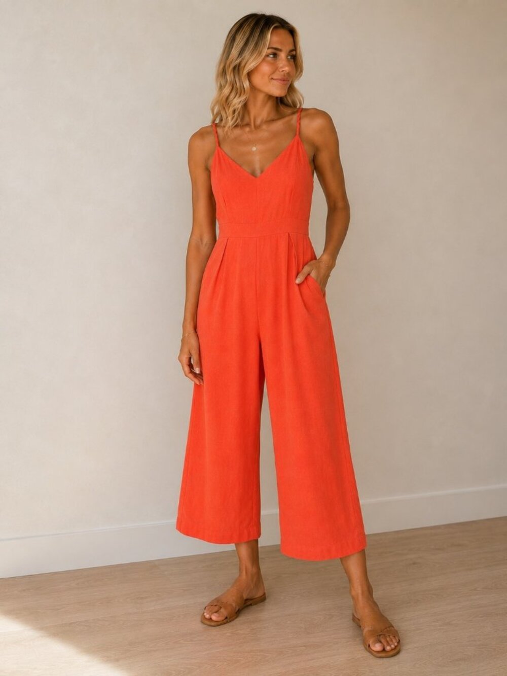 Sleeveless Coral Wide-Leg Jumpsuit romper Large With braided Straps And V-Neckli
